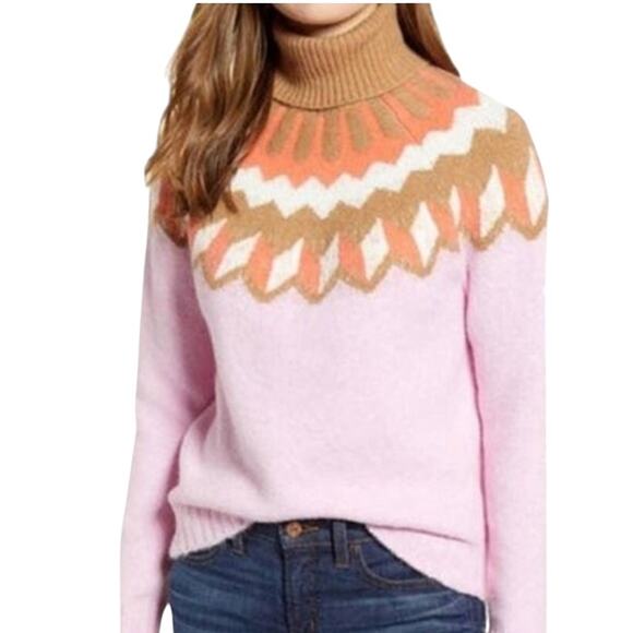 J.CREW Pink Tan Fair Isle Turtleneck Sweater Wool Alpaca Blend XS Soft Cozy Warm - Picture 1 of 7